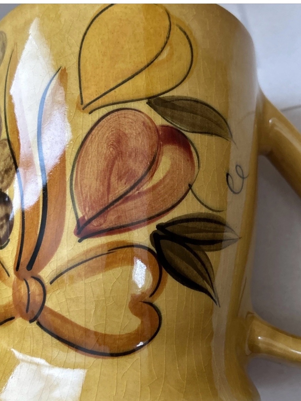 Yellow Ceramic Pitcher with Fruit and Bow Motif - Picture 8 of 10